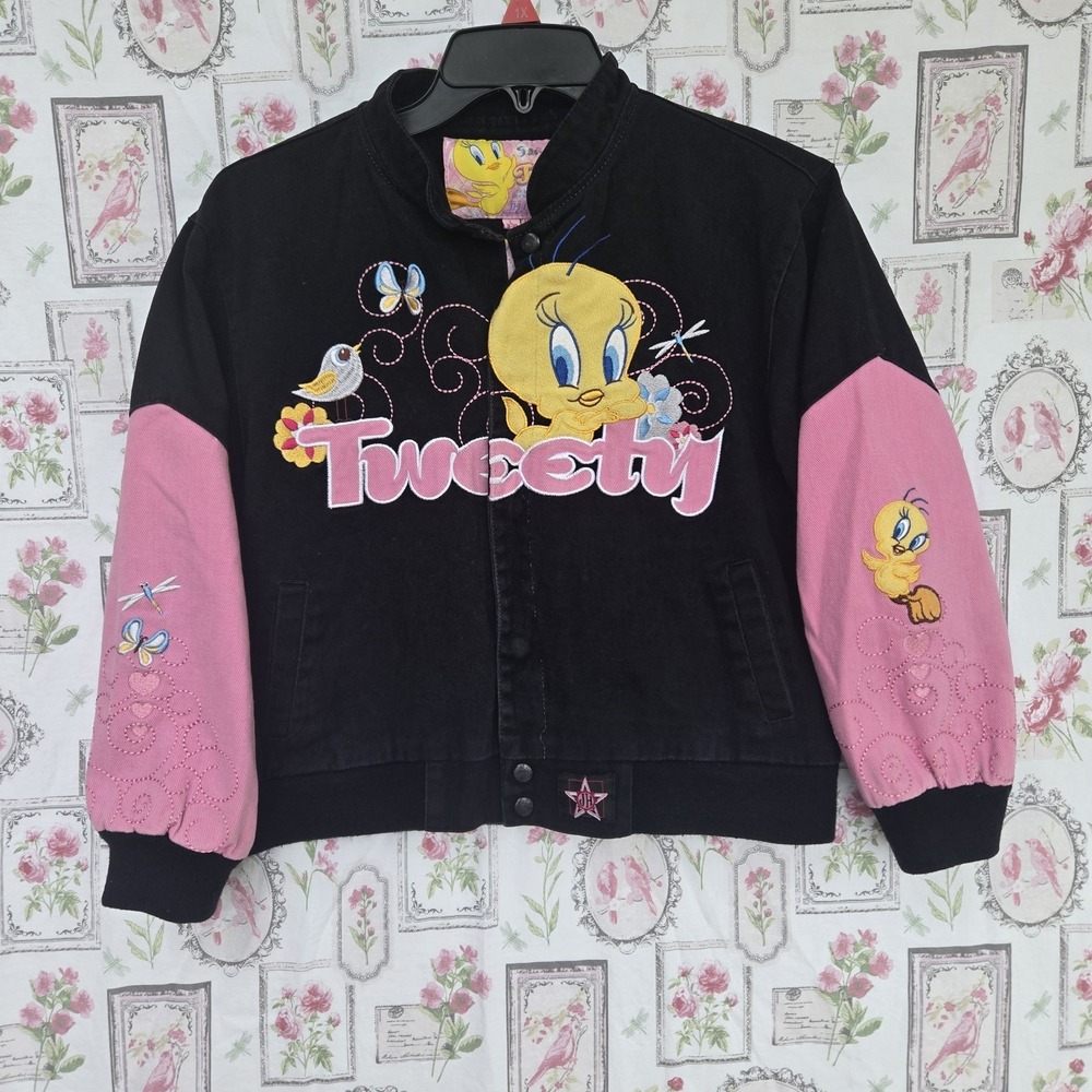 Vintage Girls Tweety Bird Bomber Jacket JH Design Pink Embroidered Youth‎ L 9-10